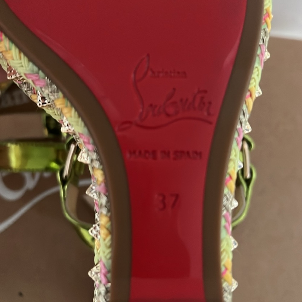 New Christian Louboutin Green Wedge Sandals Studded Italy Size 37 AUTHENTIC - Picture 8 of 11